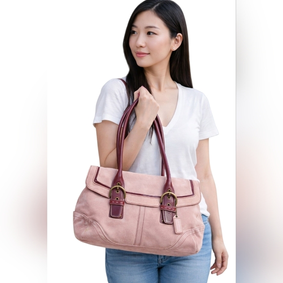 Coach Y2K Powder Pink suedeleather shoulder bagcolor maroon trim.